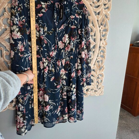 Boohoo Floral Dress Size 18 Blue Long Sleeve Tie Neck Ruffle A Line Cottage NWT - Picture 6 of 12